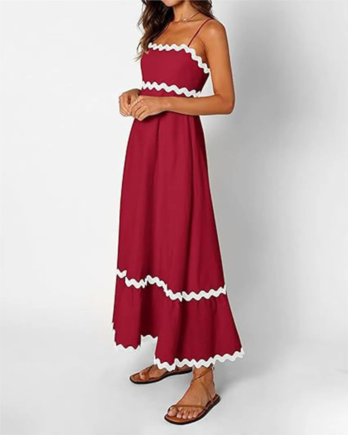 Women's 2024 Summer Spaghetti Straps Sleeveless Backless Sundress Flowy Smocked Lace Swing A Line Midi Dress
