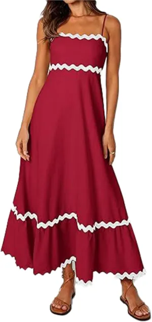 Women's 2024 Summer Spaghetti Straps Sleeveless Backless Sundress Flowy Smocked Lace Swing A Line Midi Dress
