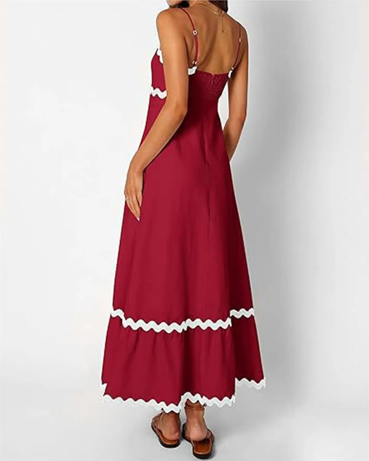 Women's 2024 Summer Spaghetti Straps Sleeveless Backless Sundress Flowy Smocked Lace Swing A Line Midi Dress