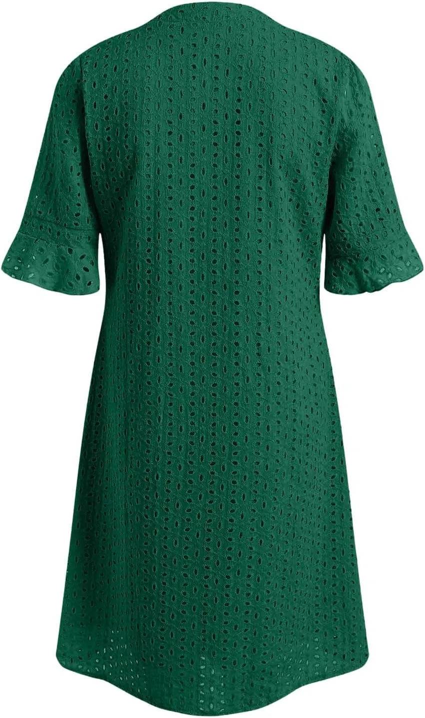 Women's 2025 Summer Short Sleeve Mini Dress V Neck Ruffle Hollow Out Eyelet Lace Dresses