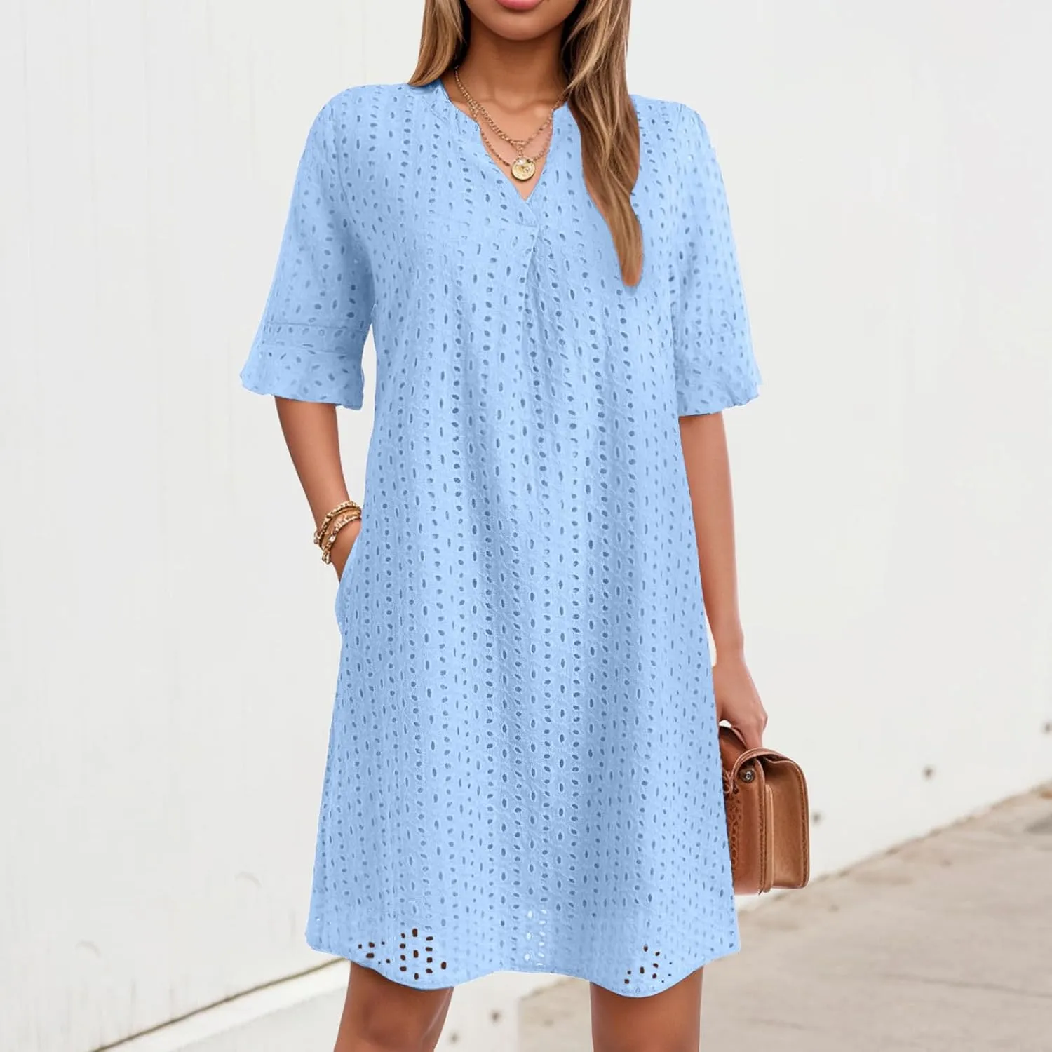 Women's 2025 Summer Short Sleeve Mini Dress V Neck Ruffle Hollow Out Eyelet Lace Dresses