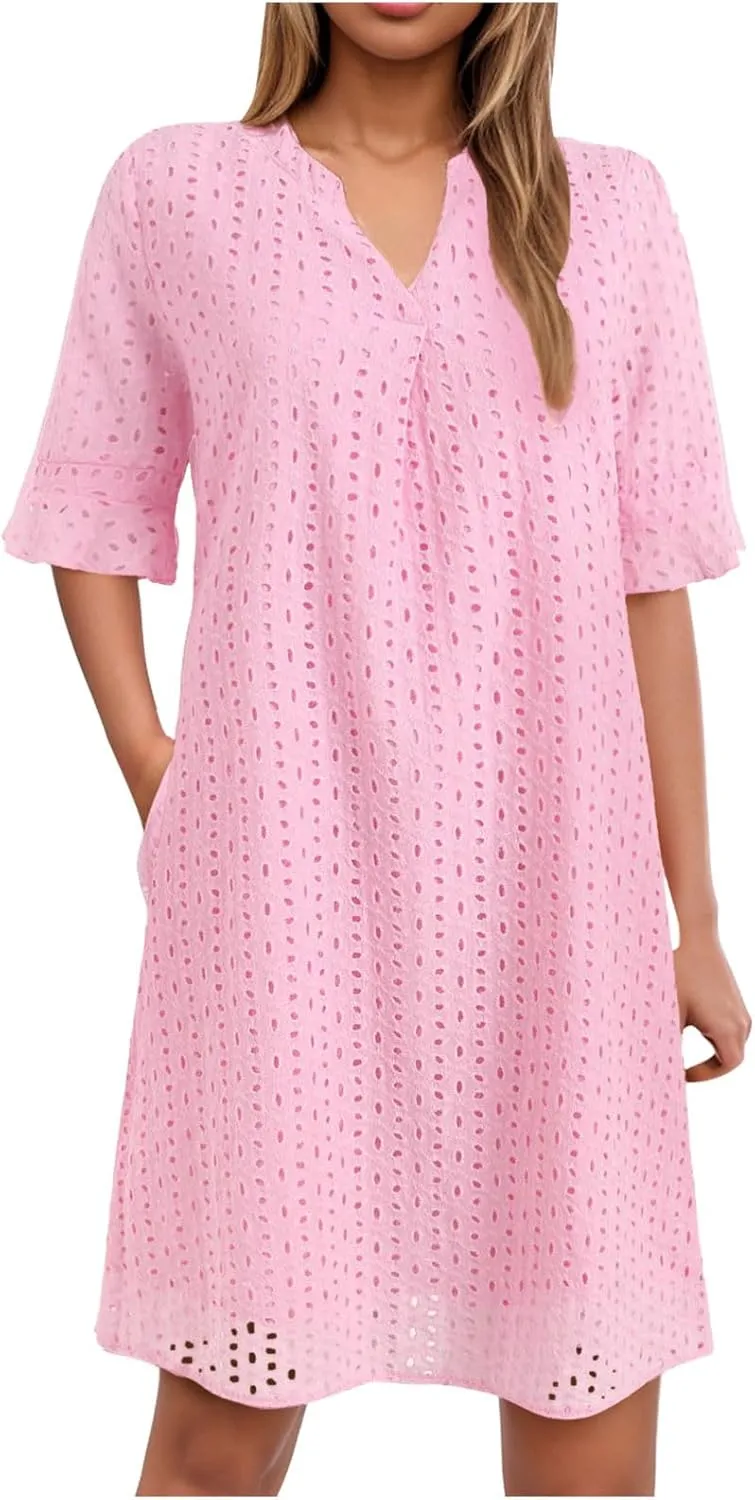 Women's 2025 Summer Short Sleeve Mini Dress V Neck Ruffle Hollow Out Eyelet Lace Dresses