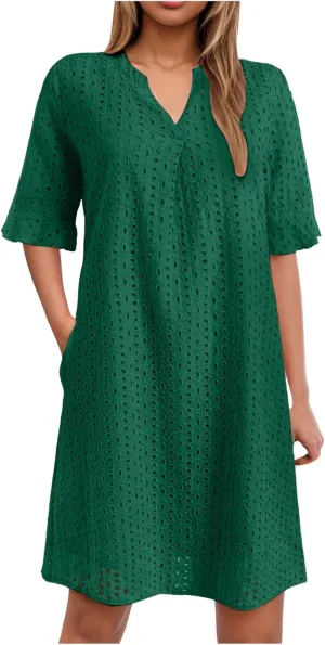 Women's 2025 Summer Short Sleeve Mini Dress V Neck Ruffle Hollow Out Eyelet Lace Dresses
