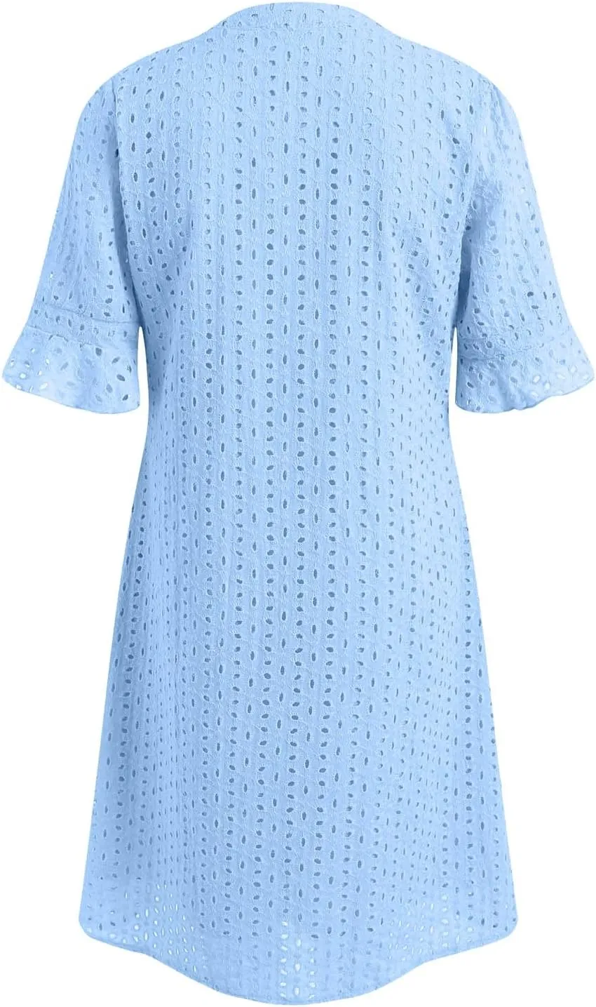 Women's 2025 Summer Short Sleeve Mini Dress V Neck Ruffle Hollow Out Eyelet Lace Dresses