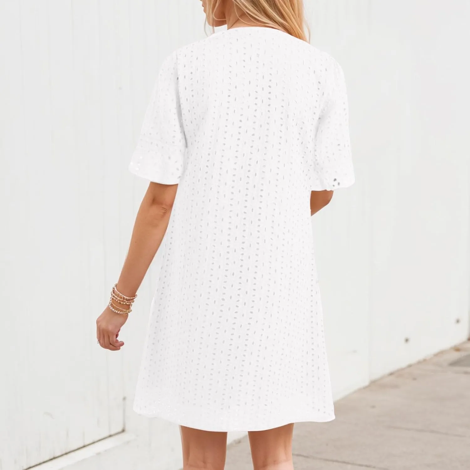 Women's 2025 Summer Short Sleeve Mini Dress V Neck Ruffle Hollow Out Eyelet Lace Dresses