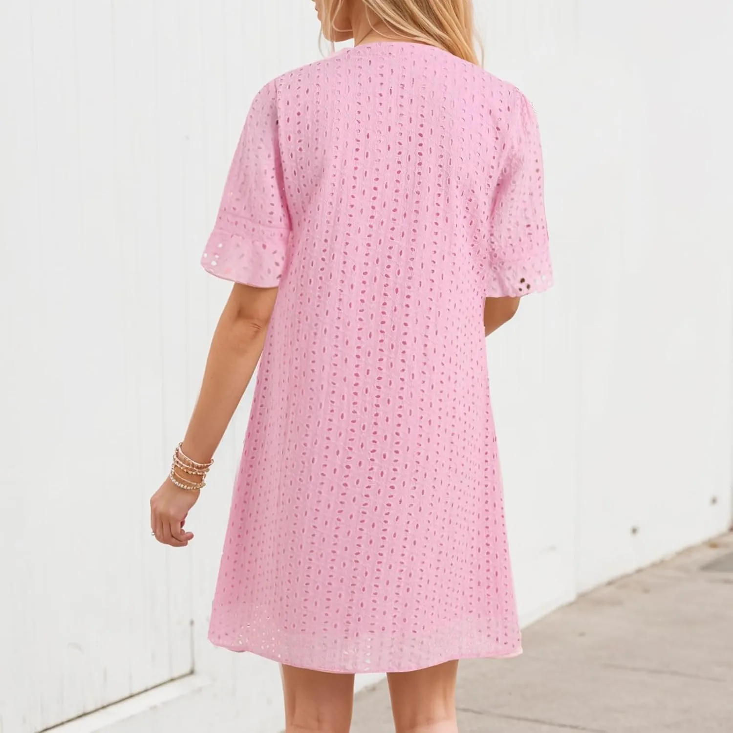 Women's 2025 Summer Short Sleeve Mini Dress V Neck Ruffle Hollow Out Eyelet Lace Dresses