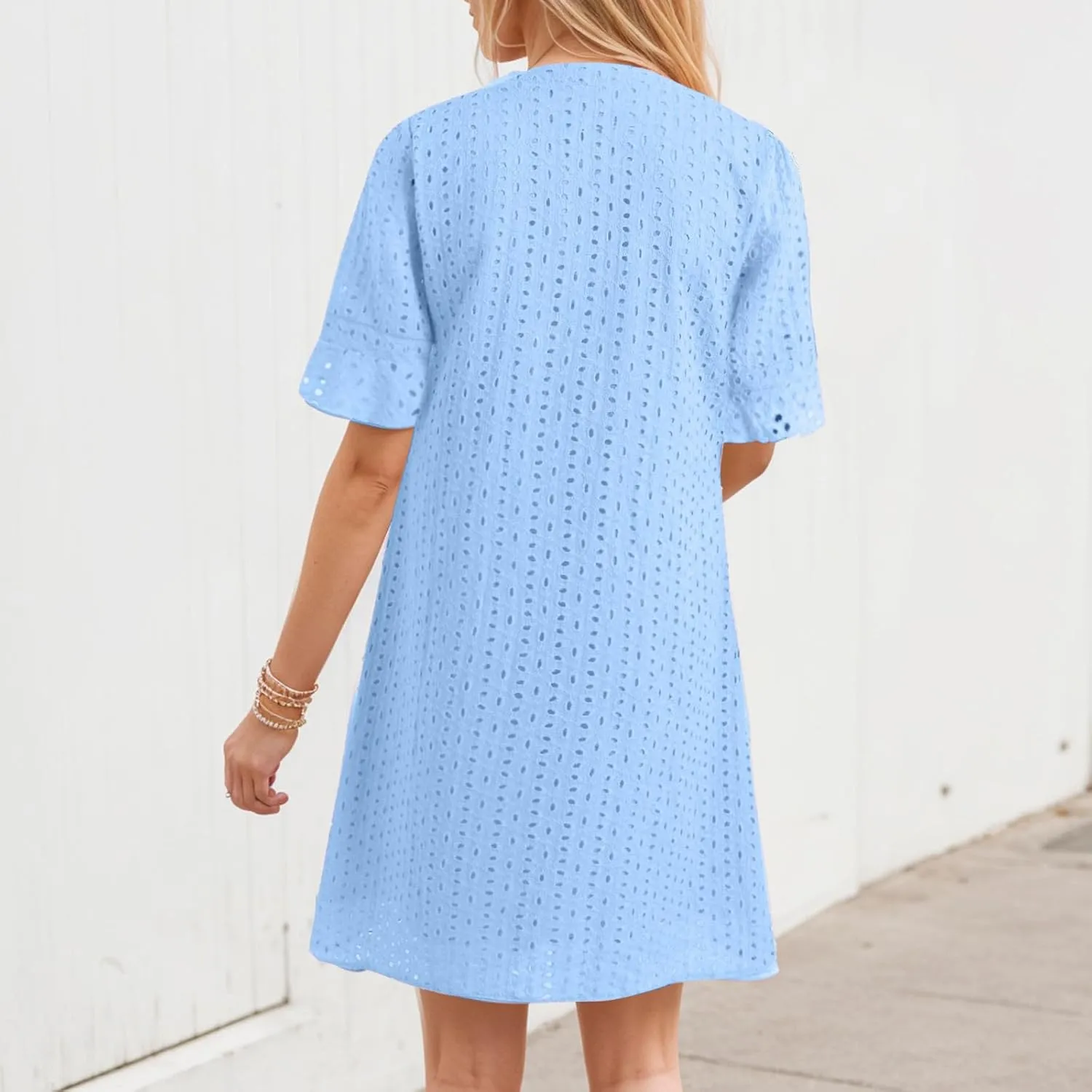 Women's 2025 Summer Short Sleeve Mini Dress V Neck Ruffle Hollow Out Eyelet Lace Dresses