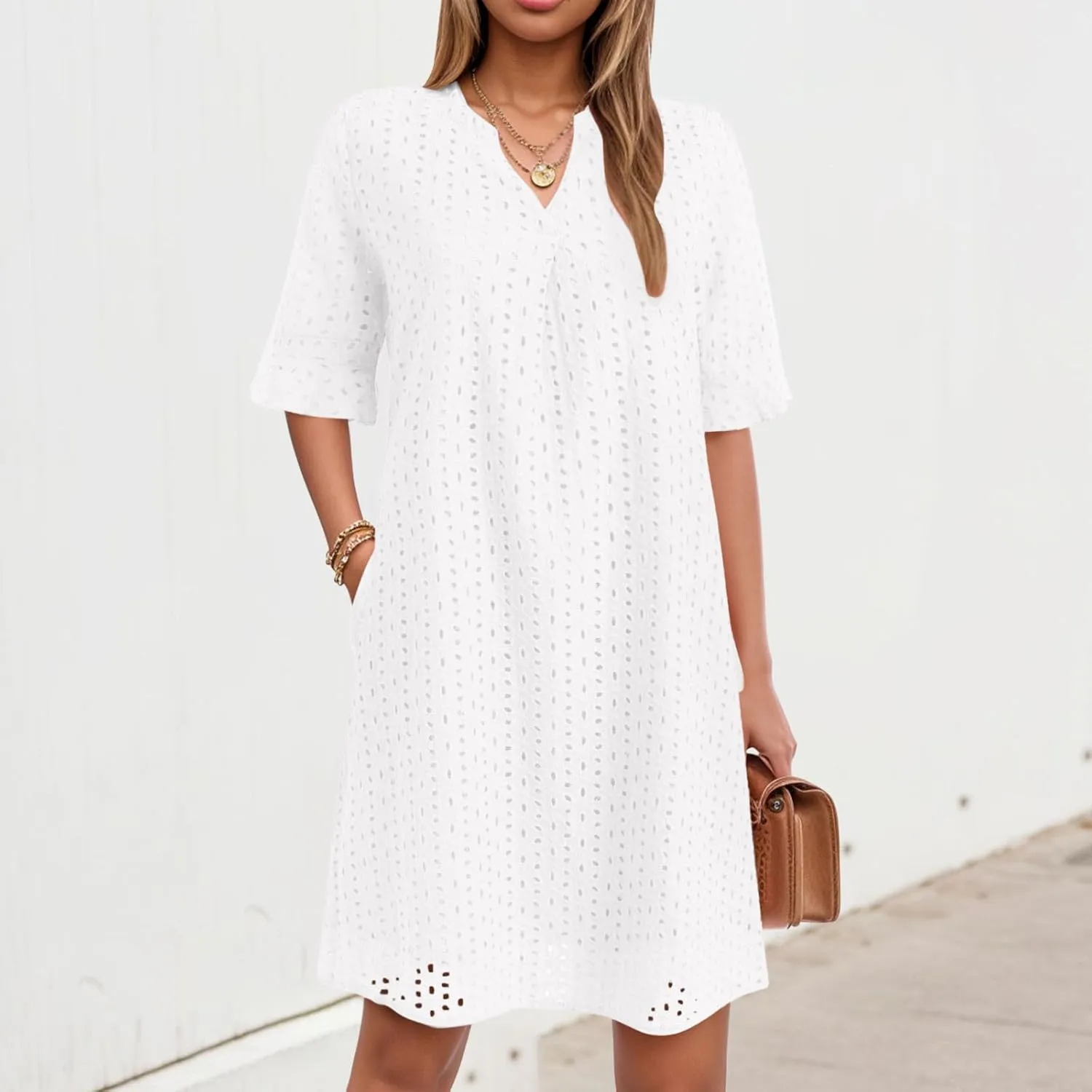Women's 2025 Summer Short Sleeve Mini Dress V Neck Ruffle Hollow Out Eyelet Lace Dresses