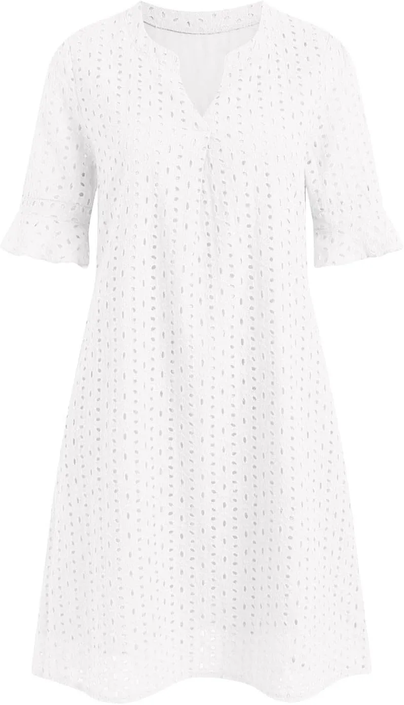 Women's 2025 Summer Short Sleeve Mini Dress V Neck Ruffle Hollow Out Eyelet Lace Dresses