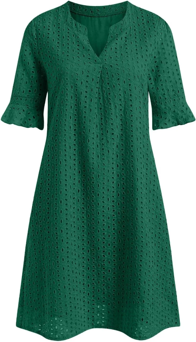 Women's 2025 Summer Short Sleeve Mini Dress V Neck Ruffle Hollow Out Eyelet Lace Dresses