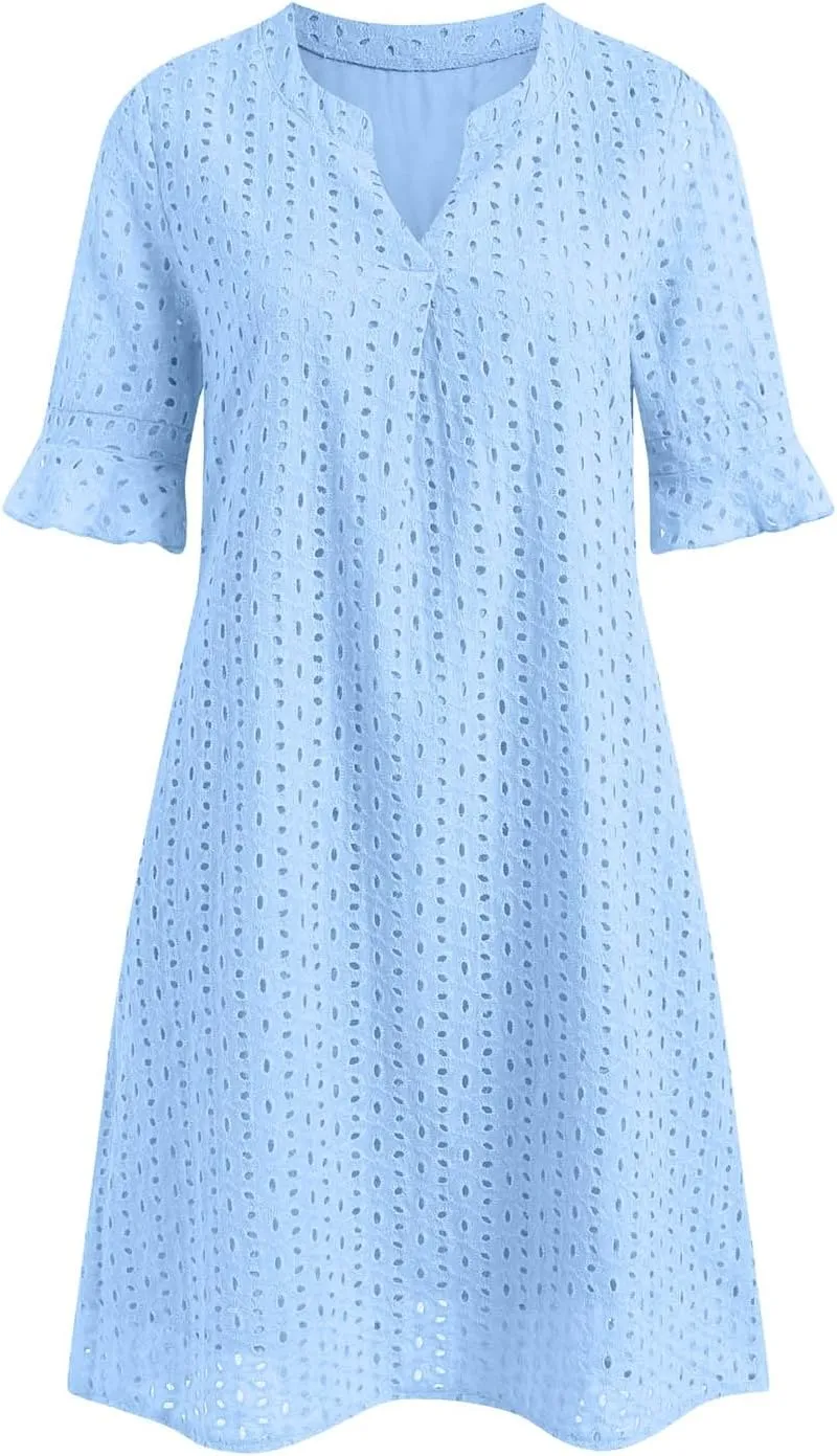 Women's 2025 Summer Short Sleeve Mini Dress V Neck Ruffle Hollow Out Eyelet Lace Dresses
