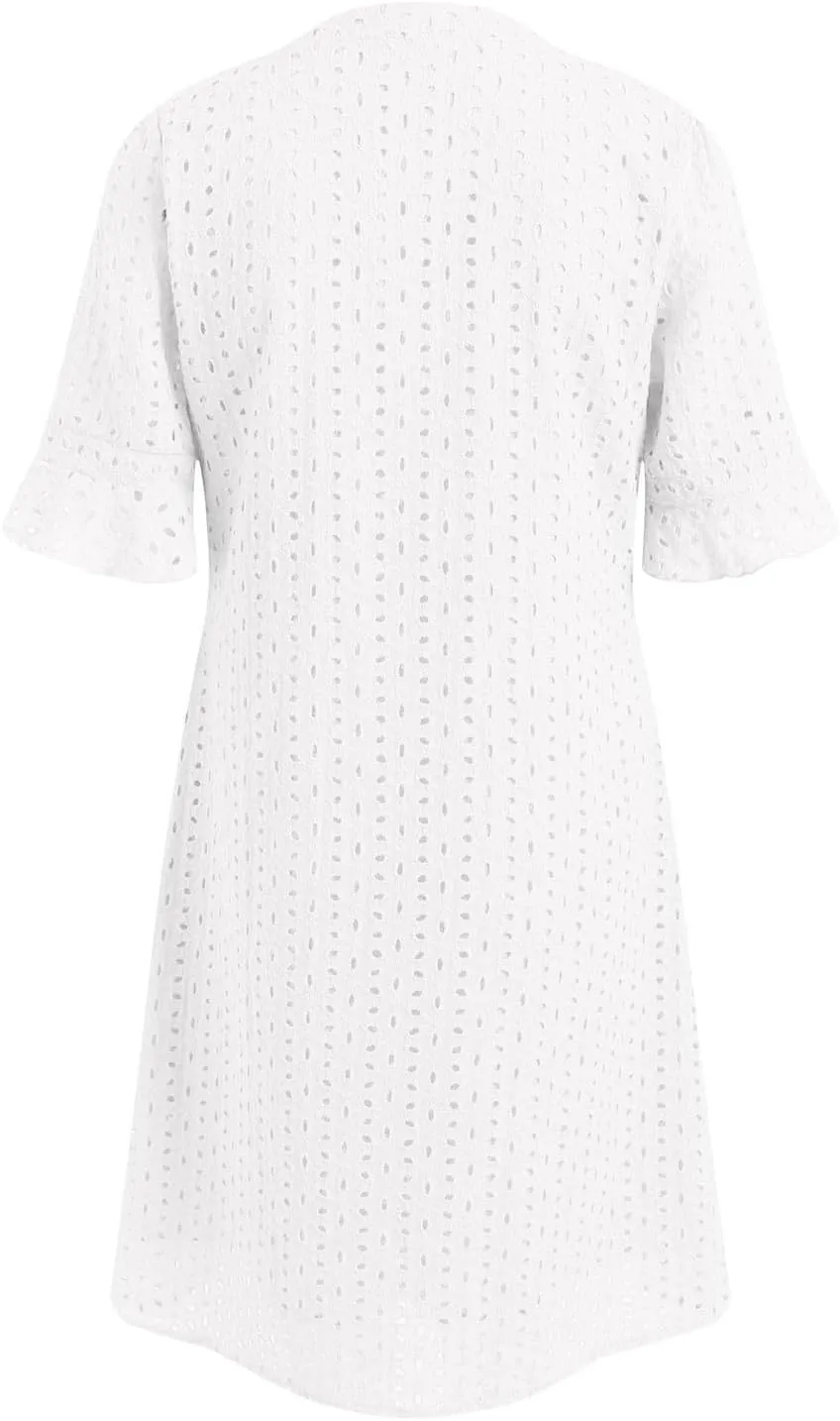 Women's 2025 Summer Short Sleeve Mini Dress V Neck Ruffle Hollow Out Eyelet Lace Dresses