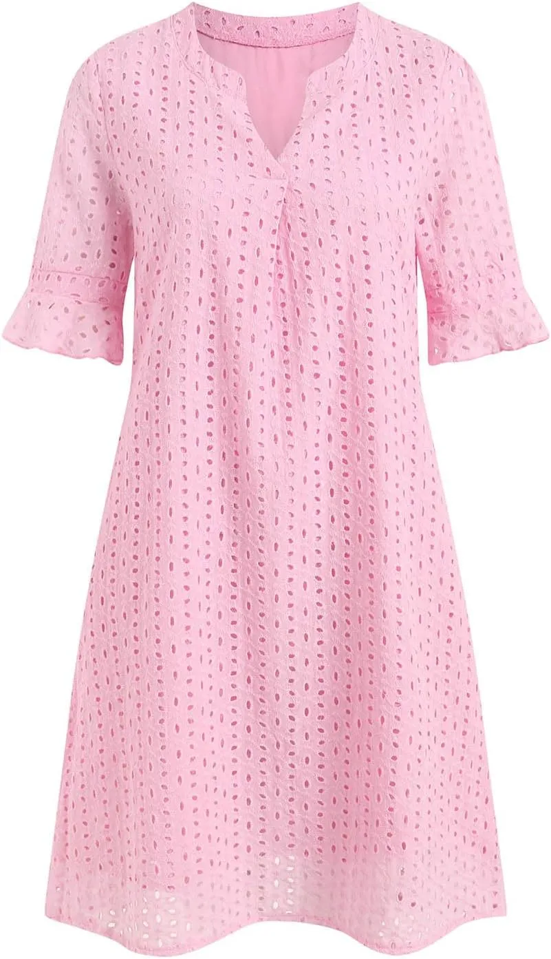 Women's 2025 Summer Short Sleeve Mini Dress V Neck Ruffle Hollow Out Eyelet Lace Dresses