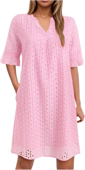 Women's 2025 Summer Short Sleeve Mini Dress V Neck Ruffle Hollow Out Eyelet Lace Dresses