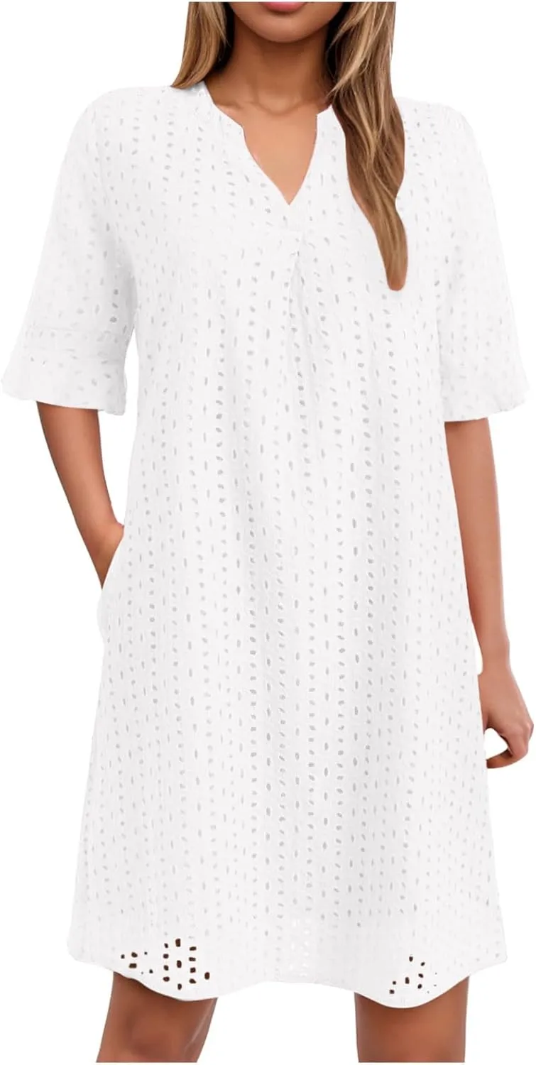Women's 2025 Summer Short Sleeve Mini Dress V Neck Ruffle Hollow Out Eyelet Lace Dresses