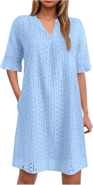 Women's 2025 Summer Short Sleeve Mini Dress V Neck Ruffle Hollow Out Eyelet Lace Dresses