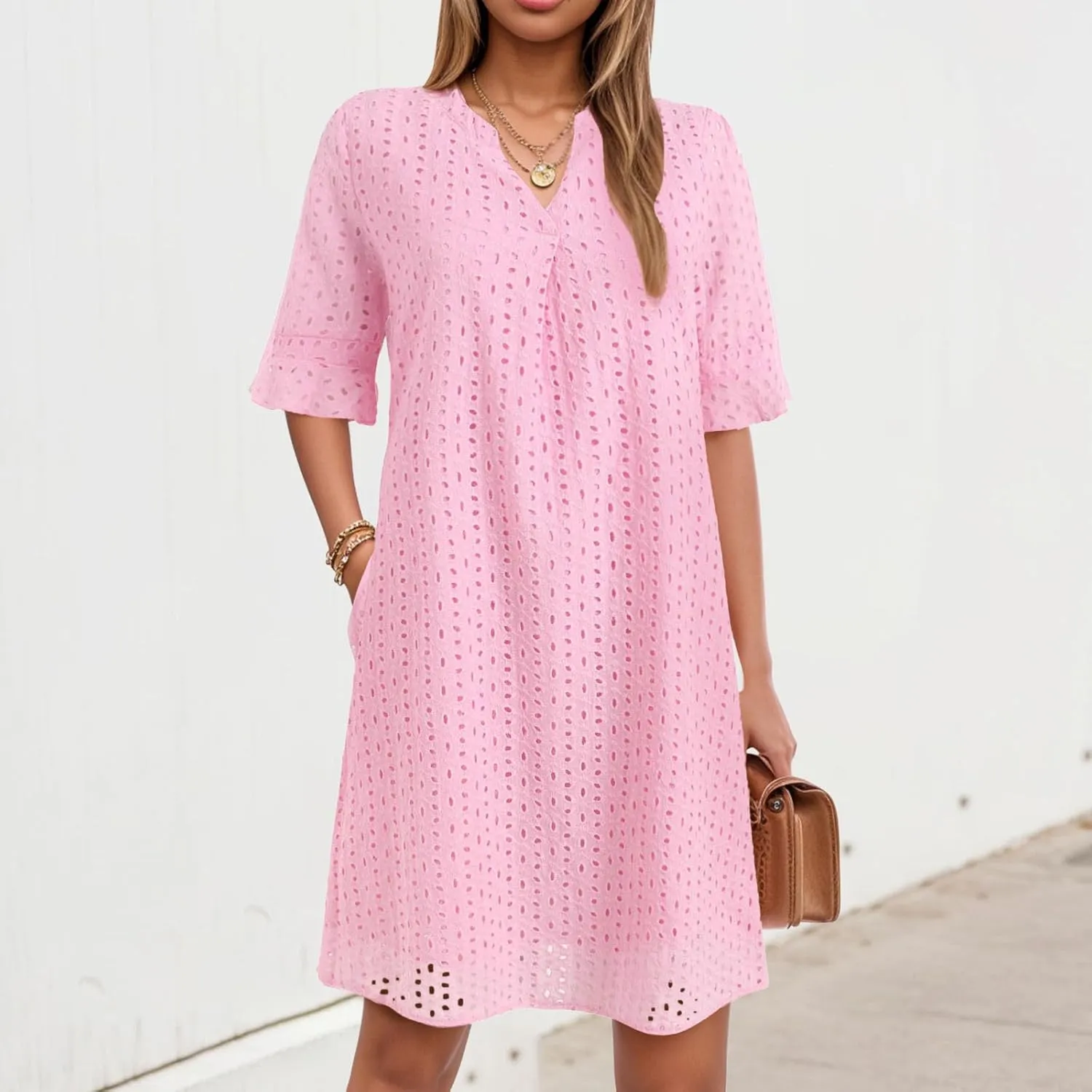 Women's 2025 Summer Short Sleeve Mini Dress V Neck Ruffle Hollow Out Eyelet Lace Dresses