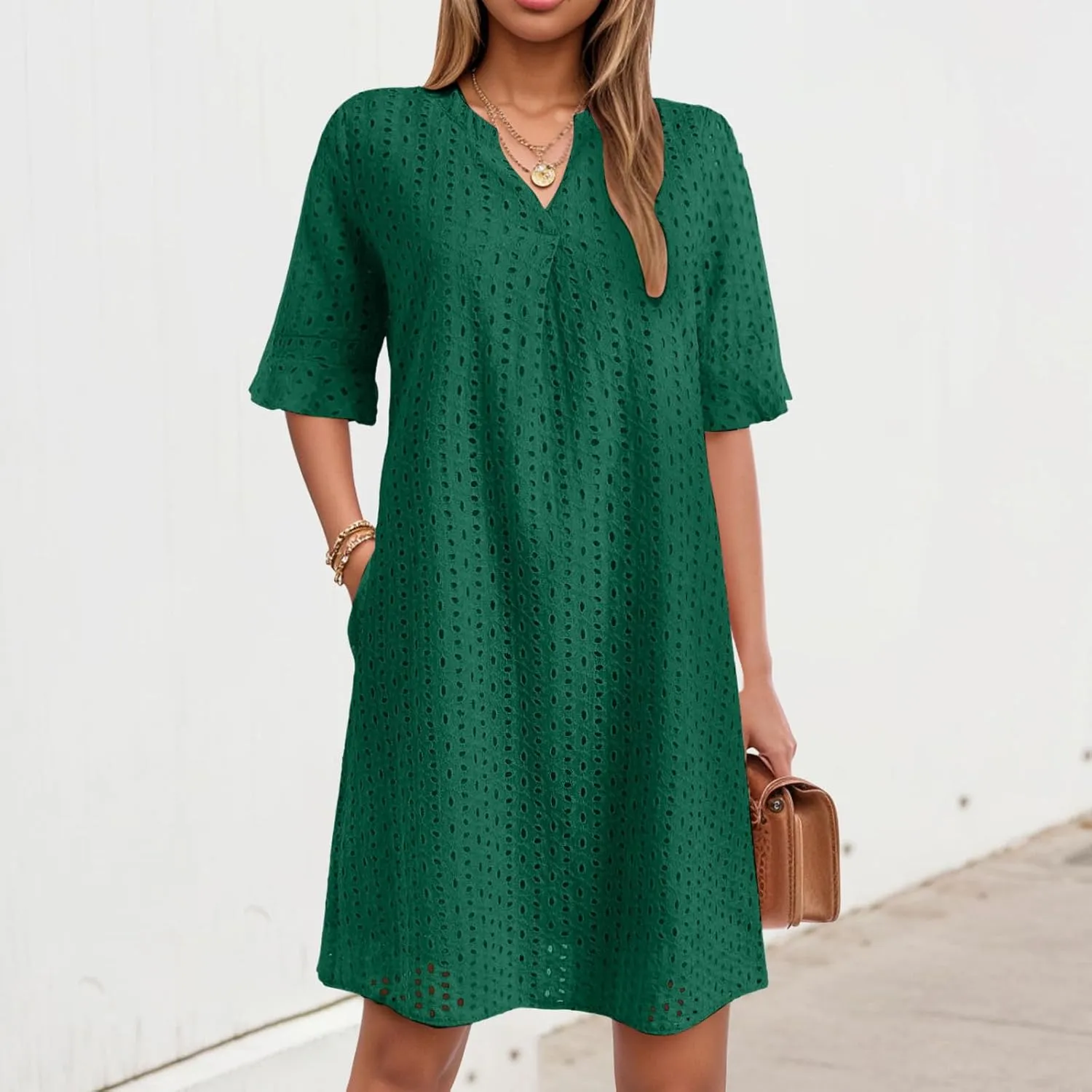 Women's 2025 Summer Short Sleeve Mini Dress V Neck Ruffle Hollow Out Eyelet Lace Dresses