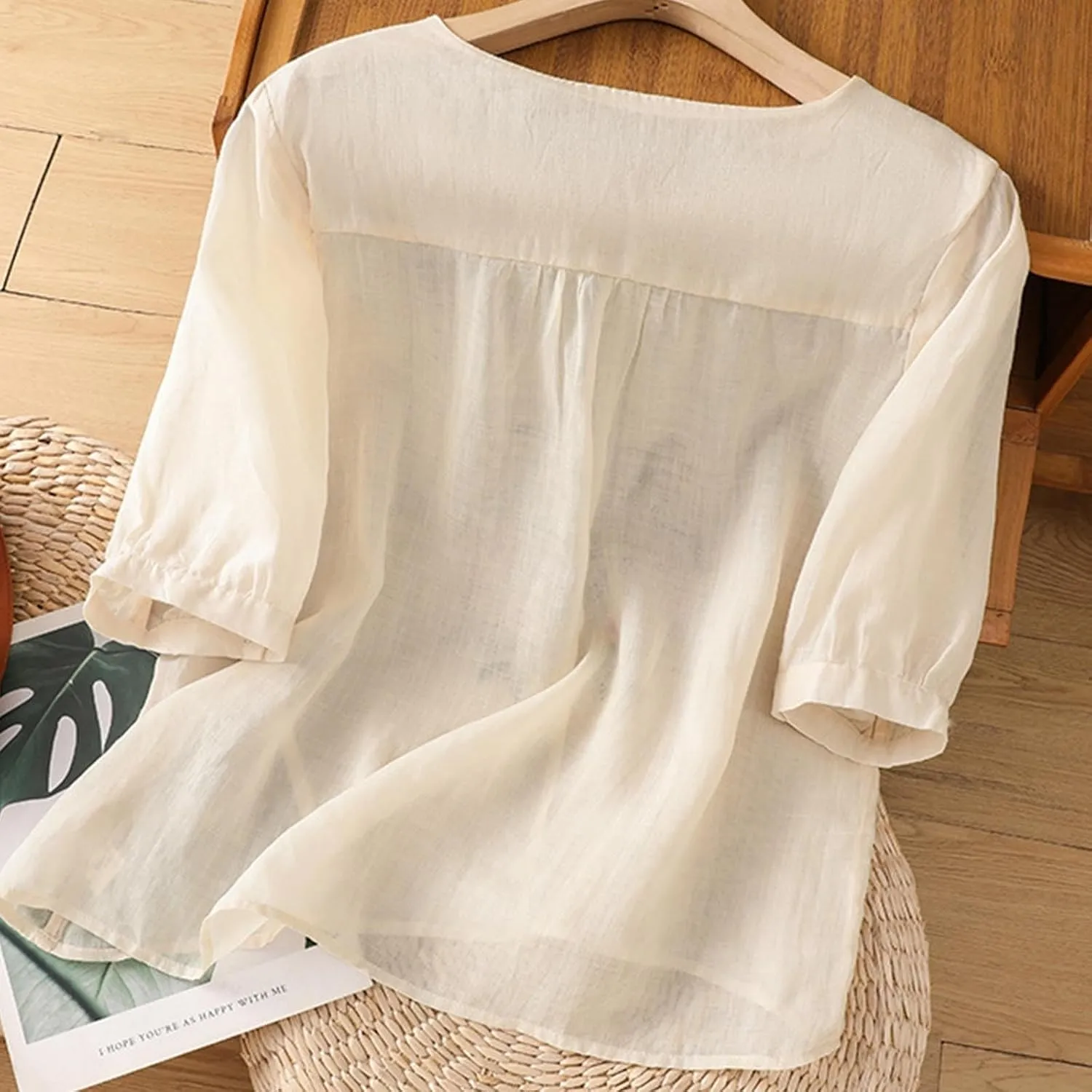 Womens 3/4 Sleeve Linen Shirts 2025 Cotton Summer Retro Embroidered Boho Tops Dressy Casual Beach Vacation Blouses