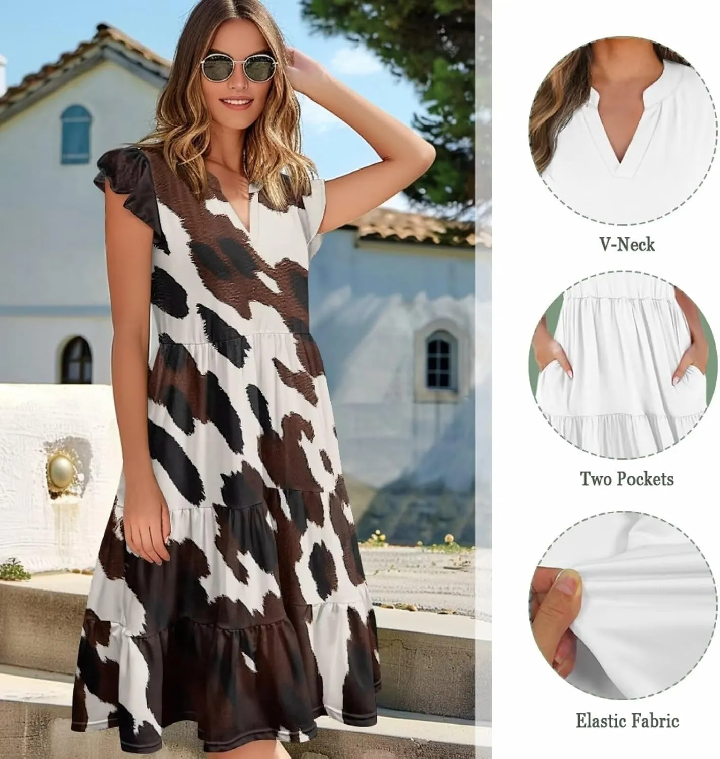 Women's Bohemian Summer Casual Dresses Flowing V-Neck A-Line Dresses with Pocket Plus Size S-2XL