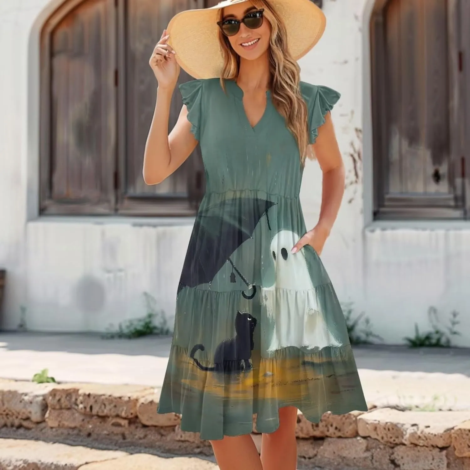 Women's Bohemian Summer Casual Dresses Flowing V-Neck A-Line Dresses with Pocket Plus Size S-2XL