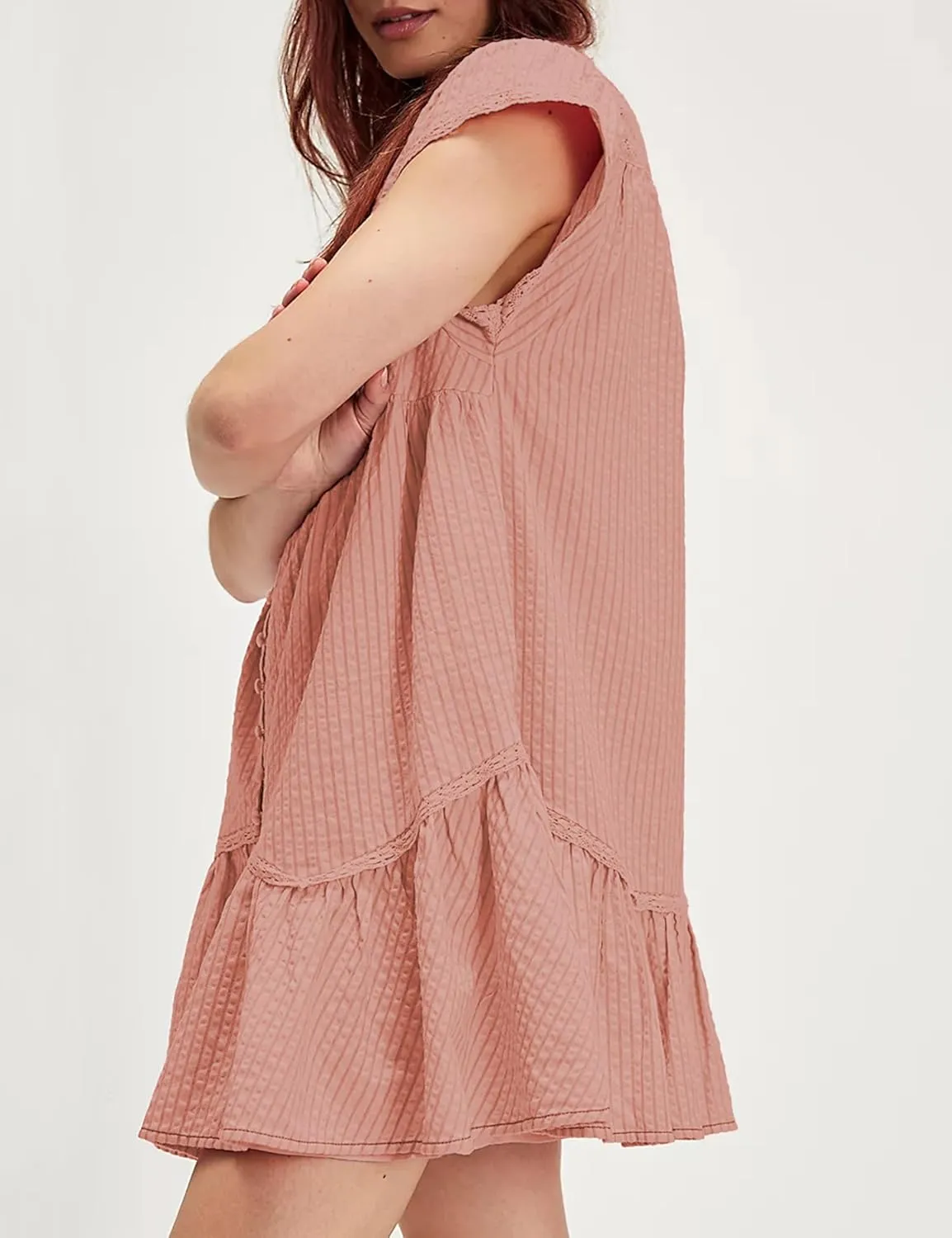 Womens Casual Mini Dress Flutter Sleeve Square Neck Button Down Flowy Tiered Dresses