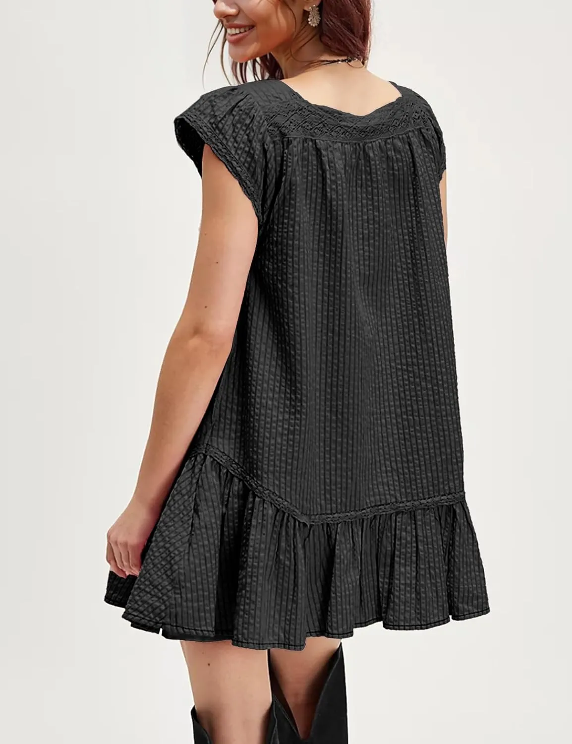 Womens Casual Mini Dress Flutter Sleeve Square Neck Button Down Flowy Tiered Dresses