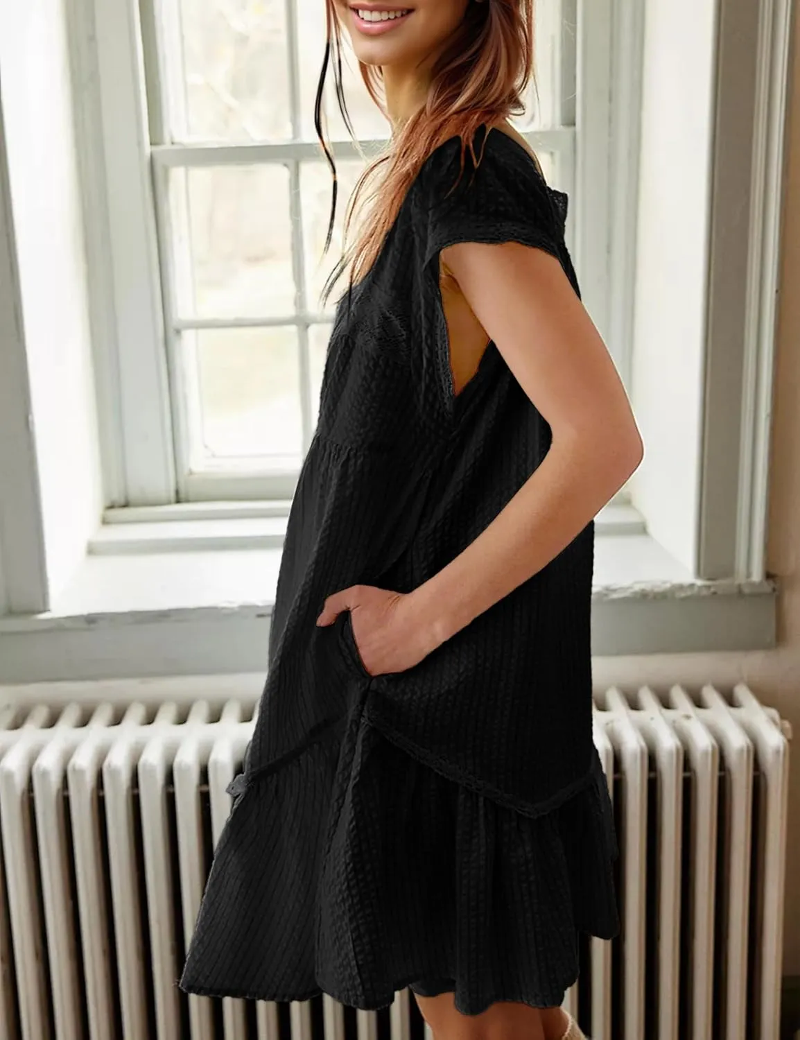 Womens Casual Mini Dress Flutter Sleeve Square Neck Button Down Flowy Tiered Dresses