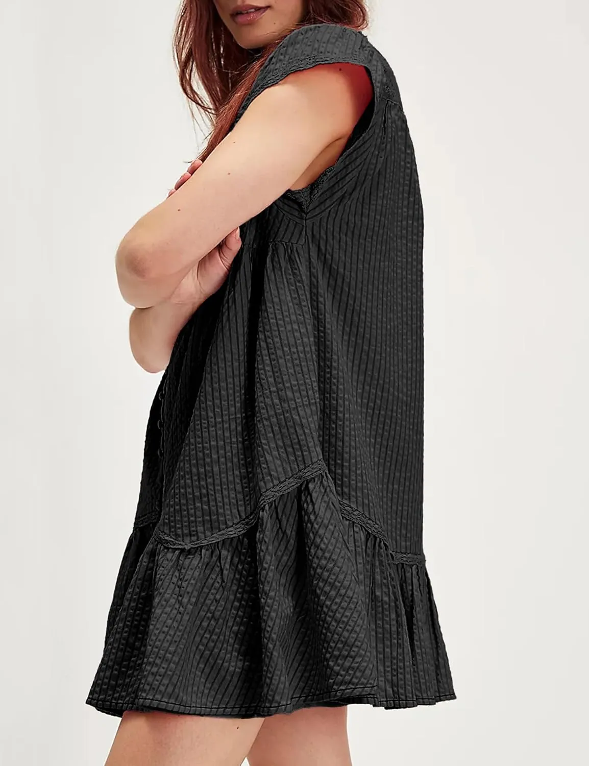 Womens Casual Mini Dress Flutter Sleeve Square Neck Button Down Flowy Tiered Dresses