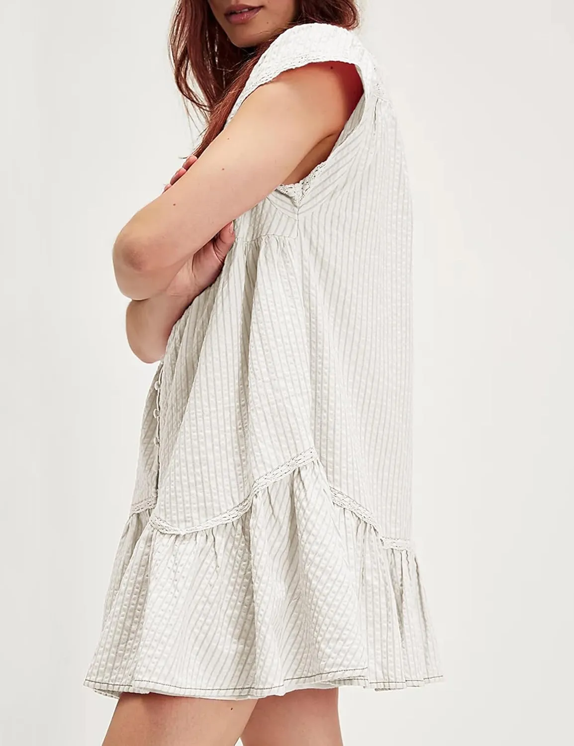 Womens Casual Mini Dress Flutter Sleeve Square Neck Button Down Flowy Tiered Dresses