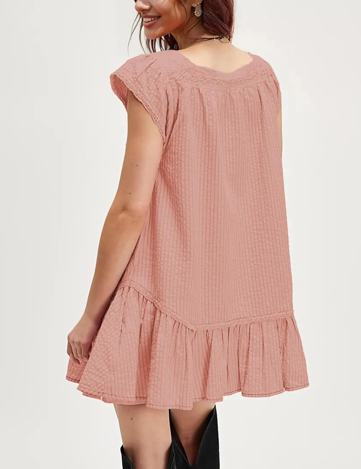 Womens Casual Mini Dress Flutter Sleeve Square Neck Button Down Flowy Tiered Dresses