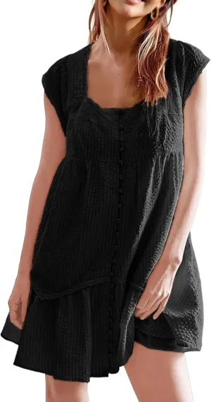 Womens Casual Mini Dress Flutter Sleeve Square Neck Button Down Flowy Tiered Dresses