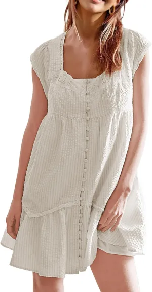 Womens Casual Mini Dress Flutter Sleeve Square Neck Button Down Flowy Tiered Dresses