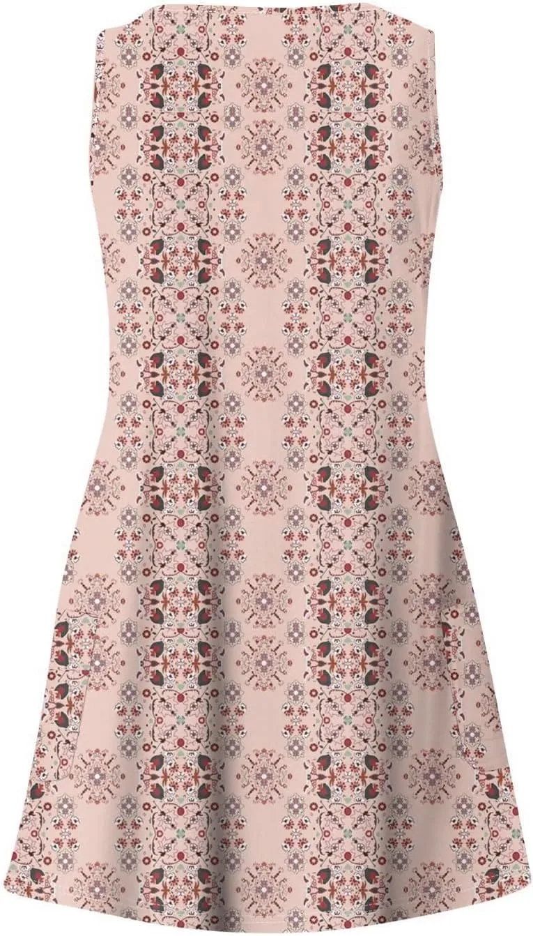 Women's Casual Summer Sundress Sleeveless A-Line Beach Dresses V Neck T-Shirts Dress with Pockets