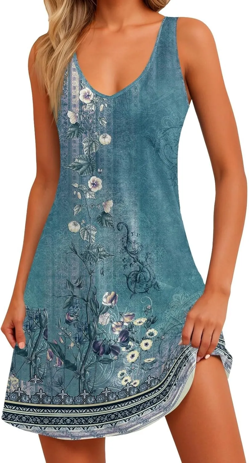 Women's Casual Summer Sundress Sleeveless A-Line Beach Dresses V Neck T-Shirts Dress with Pockets