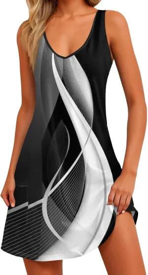 Women's Casual Summer Sundress Sleeveless A-Line Beach Dresses V Neck T-Shirts Dress with Pockets