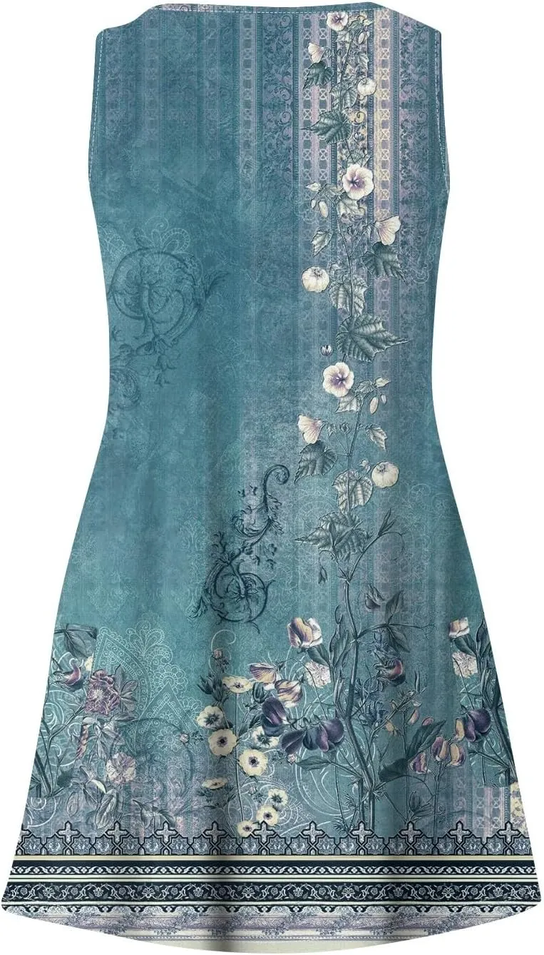 Women's Casual Summer Sundress Sleeveless A-Line Beach Dresses V Neck T-Shirts Dress with Pockets
