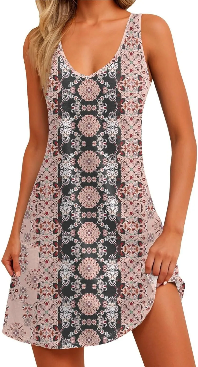 Women's Casual Summer Sundress Sleeveless A-Line Beach Dresses V Neck T-Shirts Dress with Pockets