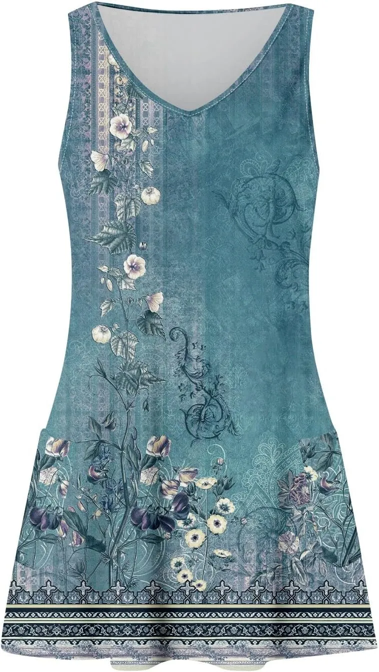Women's Casual Summer Sundress Sleeveless A-Line Beach Dresses V Neck T-Shirts Dress with Pockets