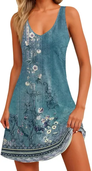 Women's Casual Summer Sundress Sleeveless A-Line Beach Dresses V Neck T-Shirts Dress with Pockets