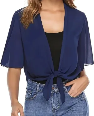 Women's Chiffon Cropped Bolero Sheer Shrugs for Dress Short Sleeve Tie Front Cardigan