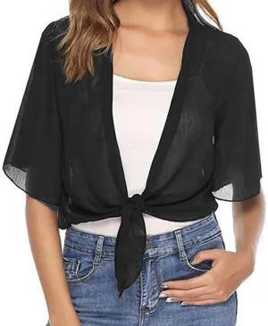 Women's Chiffon Cropped Bolero Sheer Shrugs for Dress Short Sleeve Tie Front Cardigan