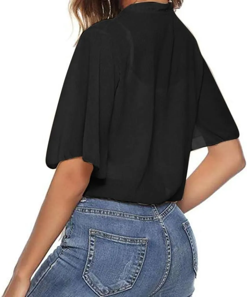 Women's Chiffon Cropped Bolero Sheer Shrugs for Dress Short Sleeve Tie Front Cardigan