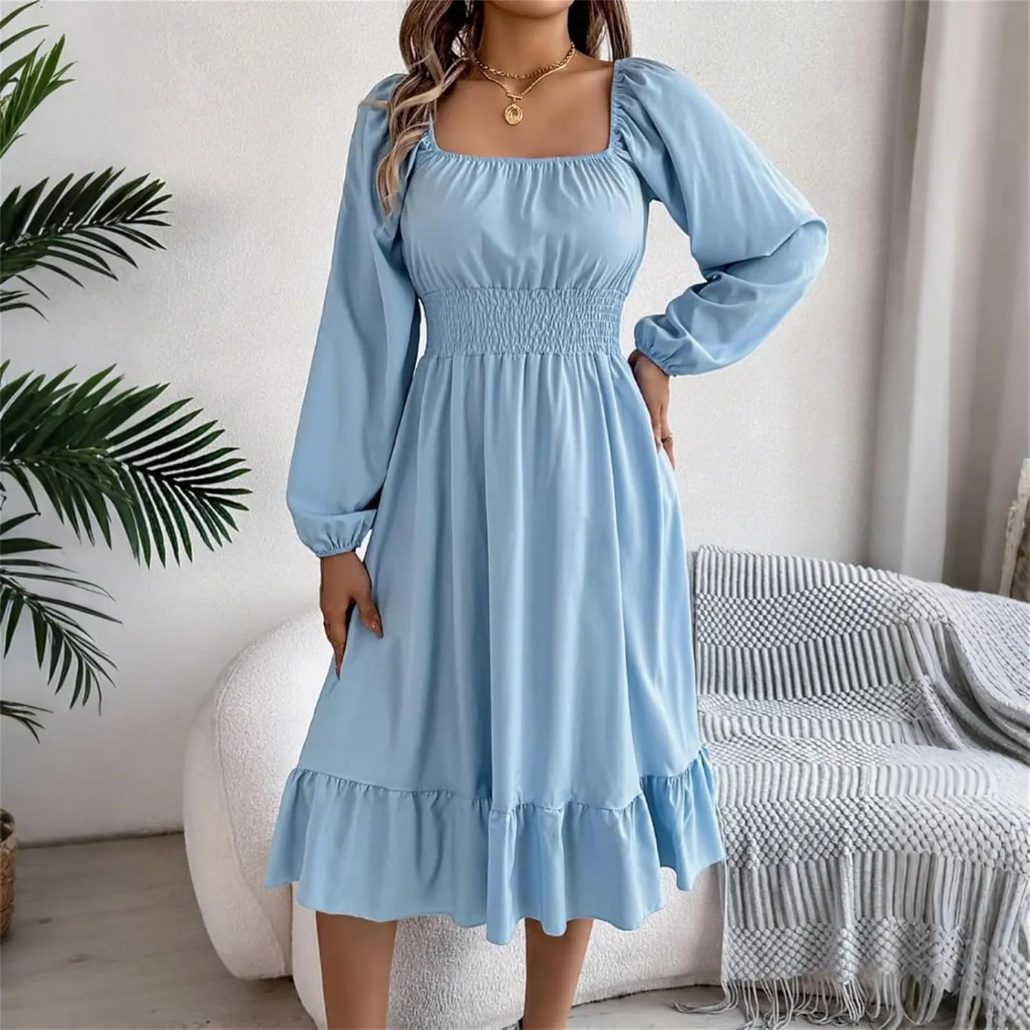 Womens Dress Long Lantern Sleeve Square Neck Elastic Waist Ruffle Flowy Swing A-Line Short Dresses 2025 Spring Fashion