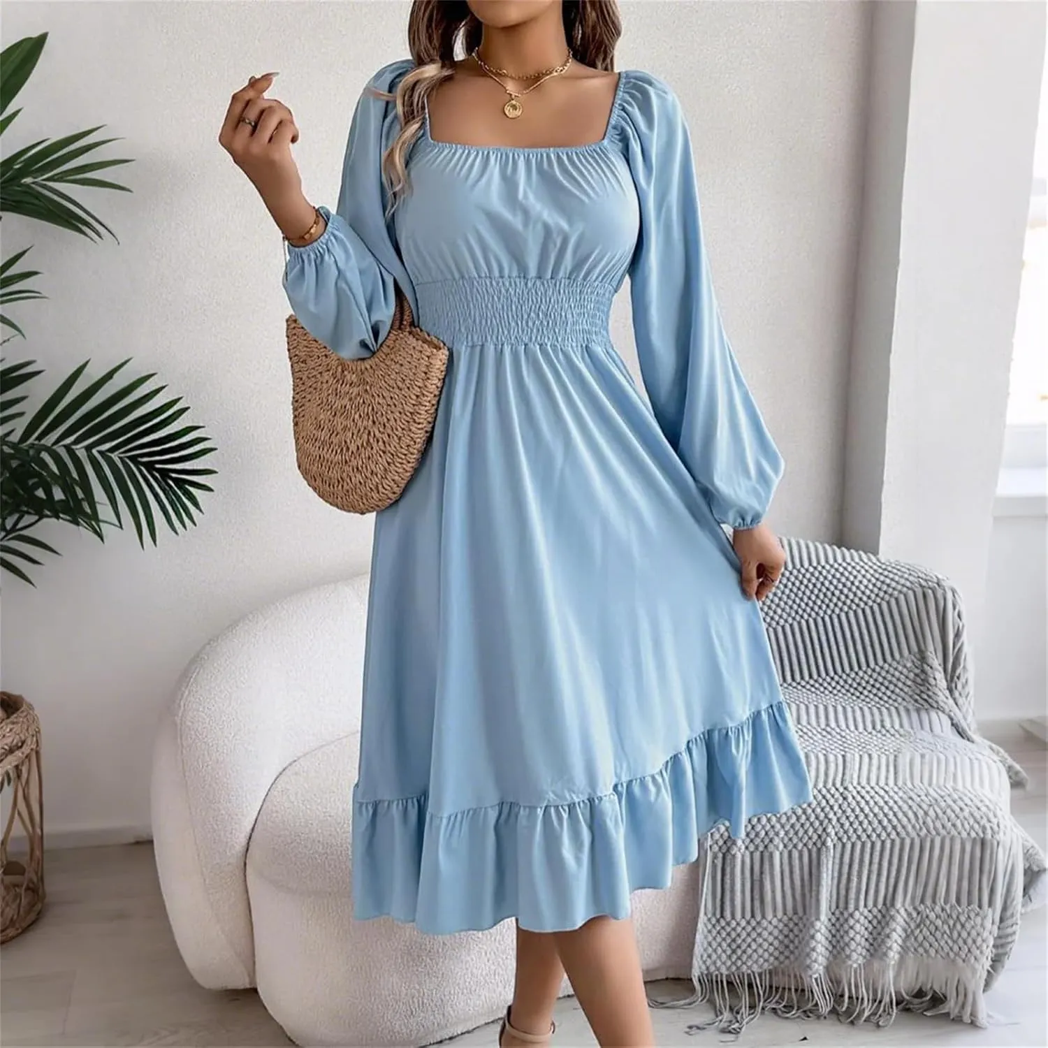 Womens Dress Long Lantern Sleeve Square Neck Elastic Waist Ruffle Flowy Swing A-Line Short Dresses 2025 Spring Fashion