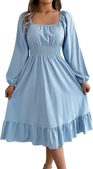 Womens Dress Long Lantern Sleeve Square Neck Elastic Waist Ruffle Flowy Swing A-Line Short Dresses 2025 Spring Fashion