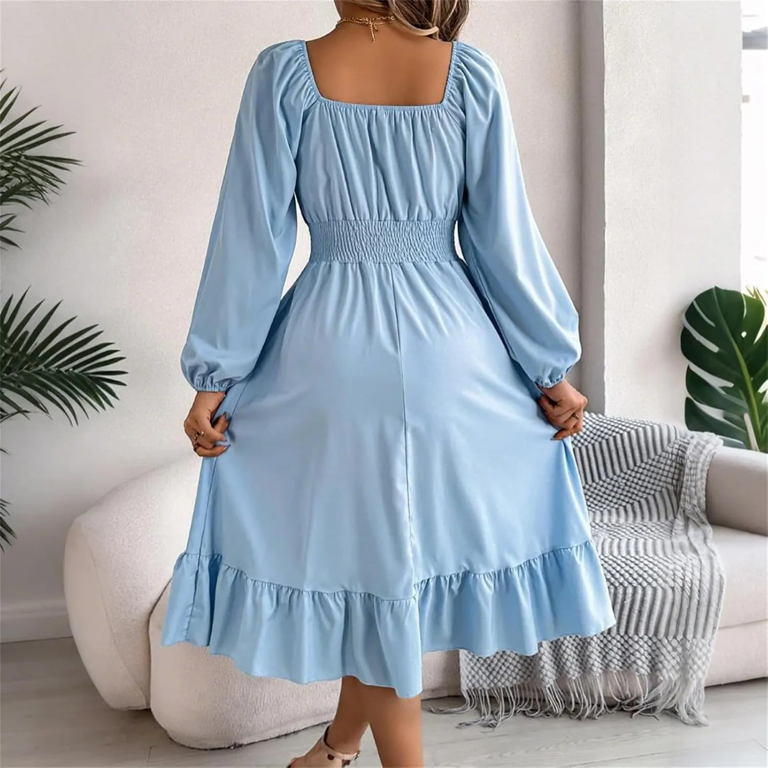 Womens Dress Long Lantern Sleeve Square Neck Elastic Waist Ruffle Flowy Swing A-Line Short Dresses 2025 Spring Fashion