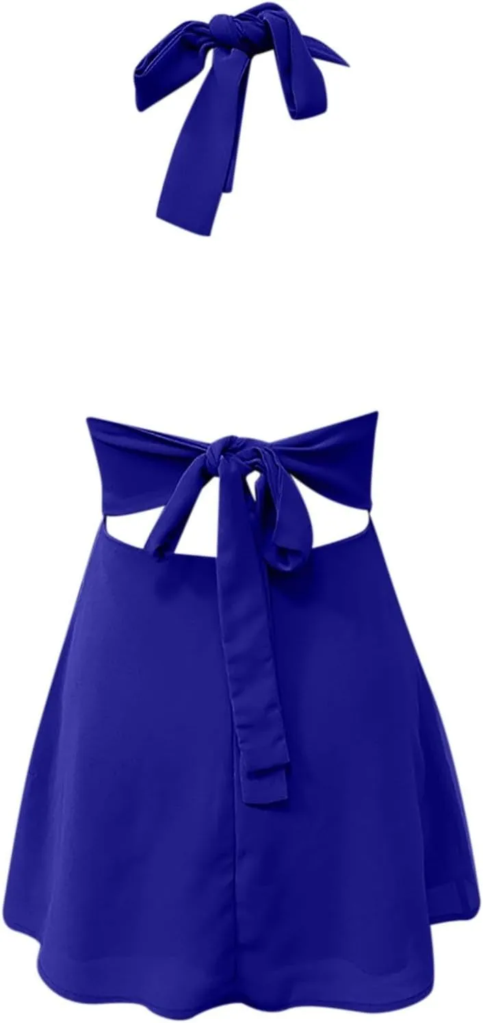Womens Dresses Deep V Mini Dress Bow Tie Sleeveless Backless Ruched Flowy Wrap Ruffle Hem Summer Bodycon