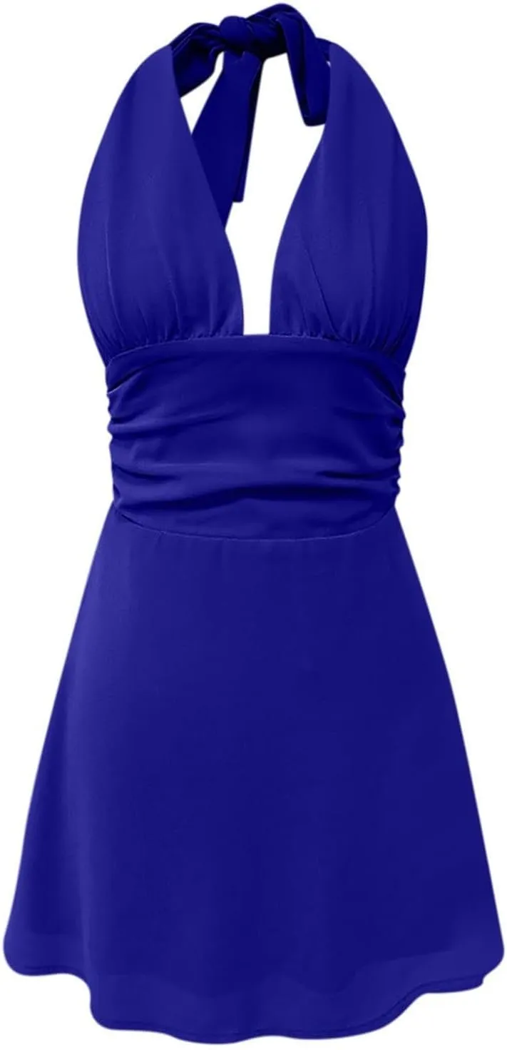 Womens Dresses Deep V Mini Dress Bow Tie Sleeveless Backless Ruched Flowy Wrap Ruffle Hem Summer Bodycon