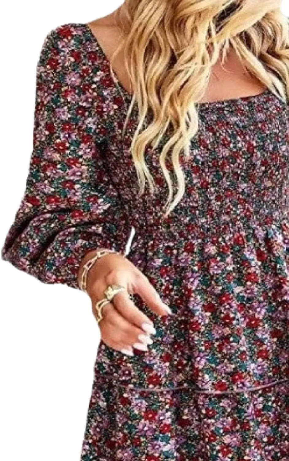 Women's Elegant Floral Print Tiered Ruffle Mini Dress Casual Square Neck Long Sleeve Smocked Dresses Summer Beach Wear